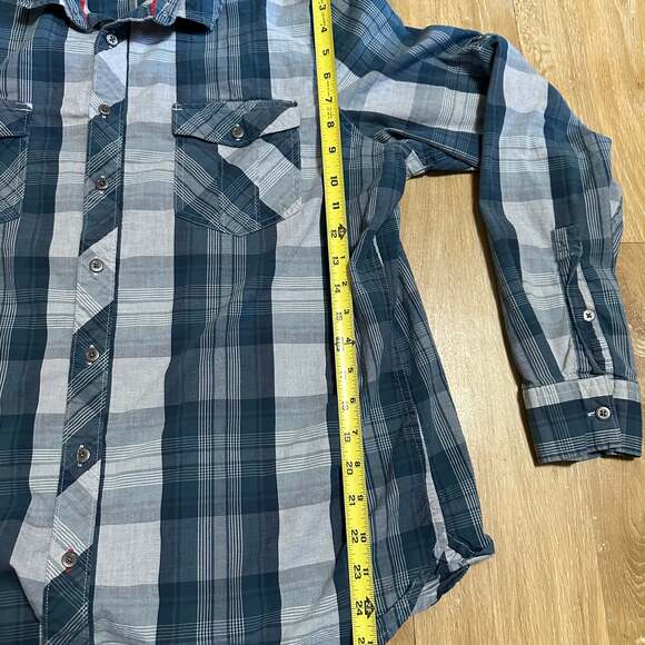 ROCK & REPUBLIC Stretch Teal Gray Plaid Button Down Shirt Roll Tab Sleeve - Picture 4 of 8